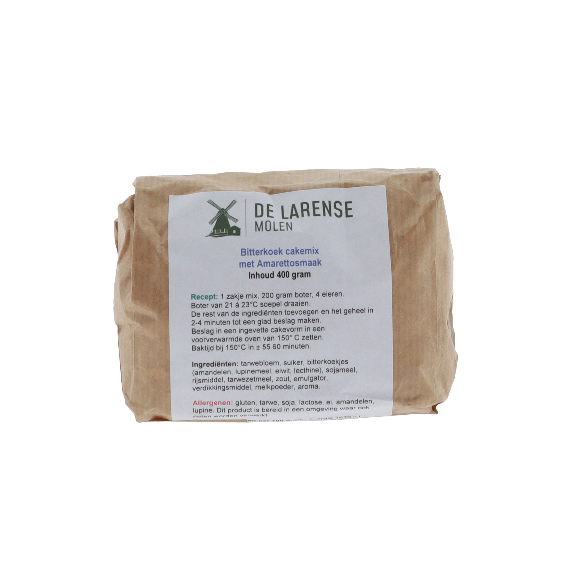 De Larense Molen Bitterkoek cakemix met Amarettosmaak 400gram, vooraanzicht verpakking