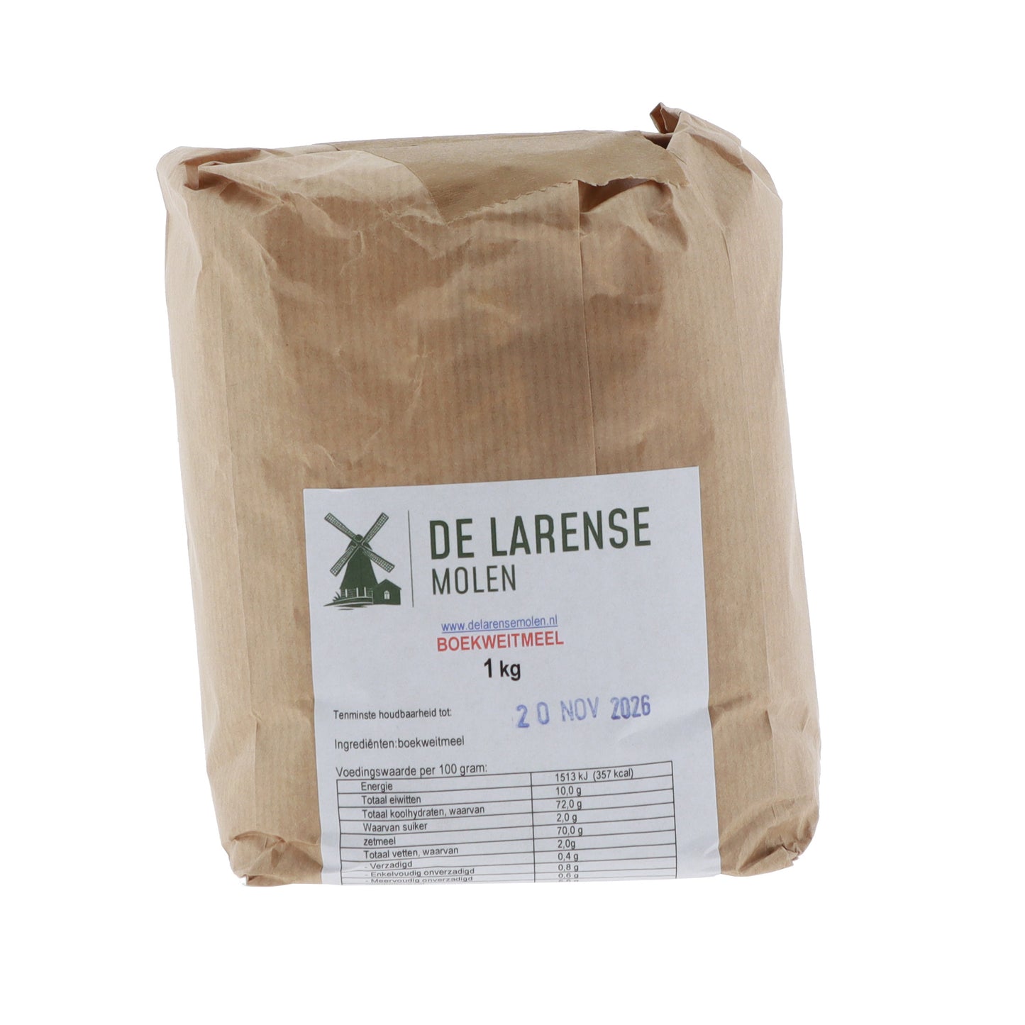 De Larense Molen Boekweitmeel 1kg, vooraanzicht verpakking