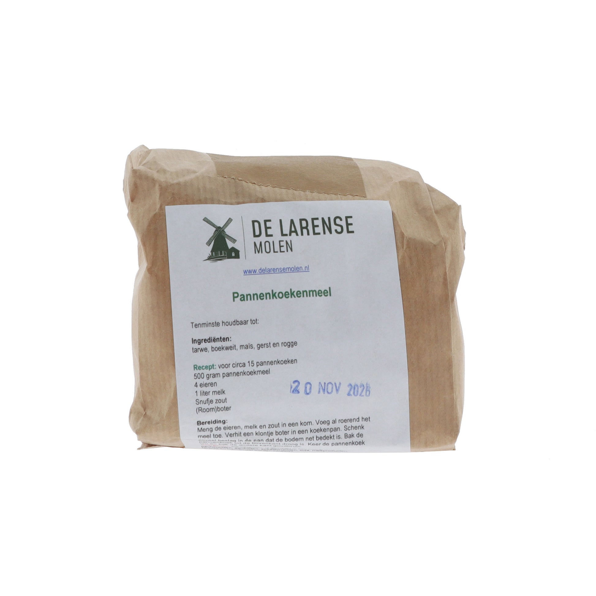 De Larense Molen Pannenkoekenmeel 500g, vooraanzicht verpakking