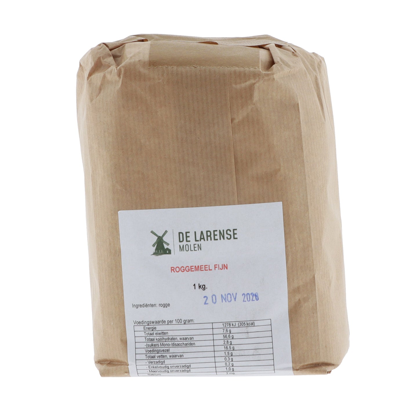 De Larense Molen Roggemeel fijn 1kg, vooraanzicht verpakking