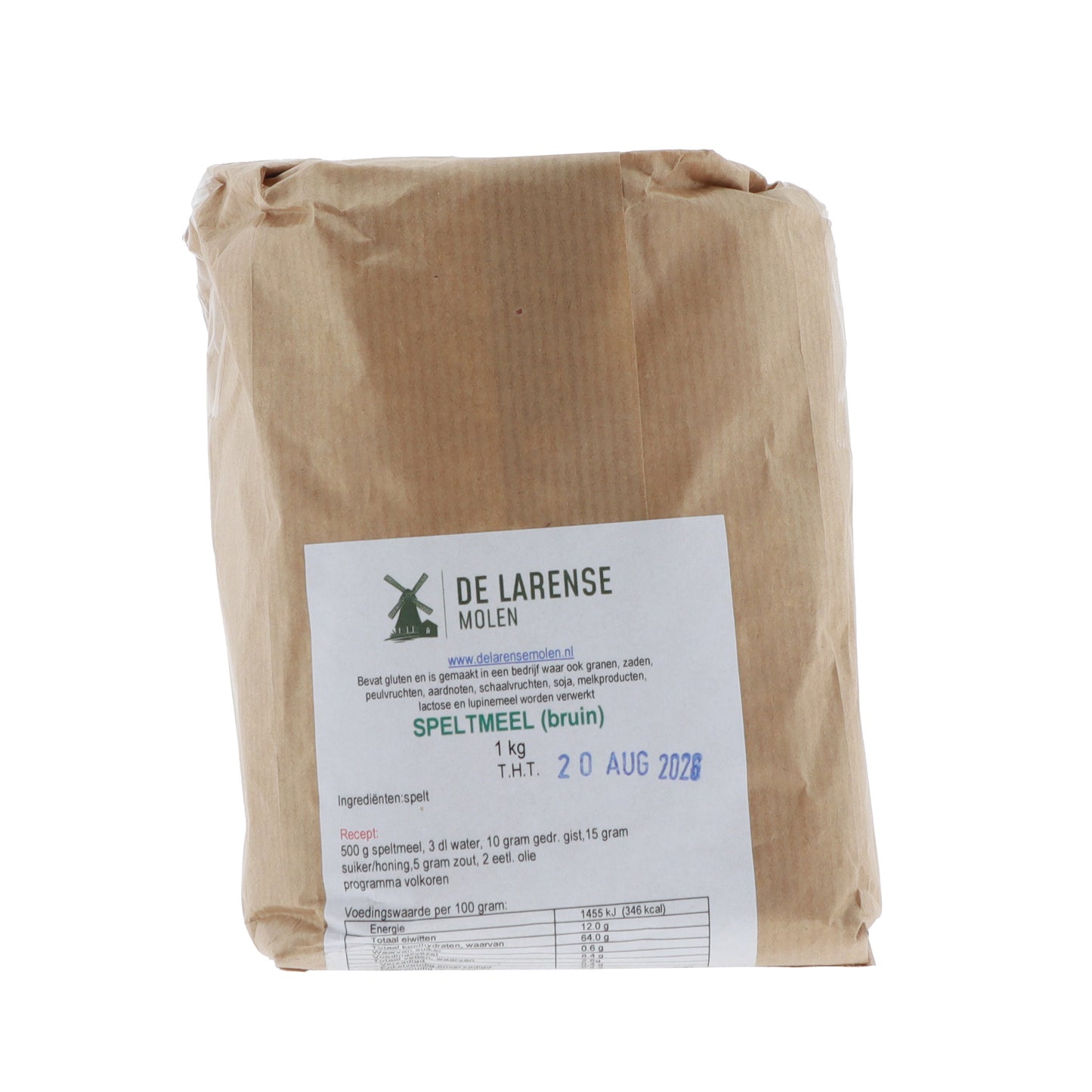 De Larense Molen Speltmeel bruin 1kg, vooraanzicht verpakking
