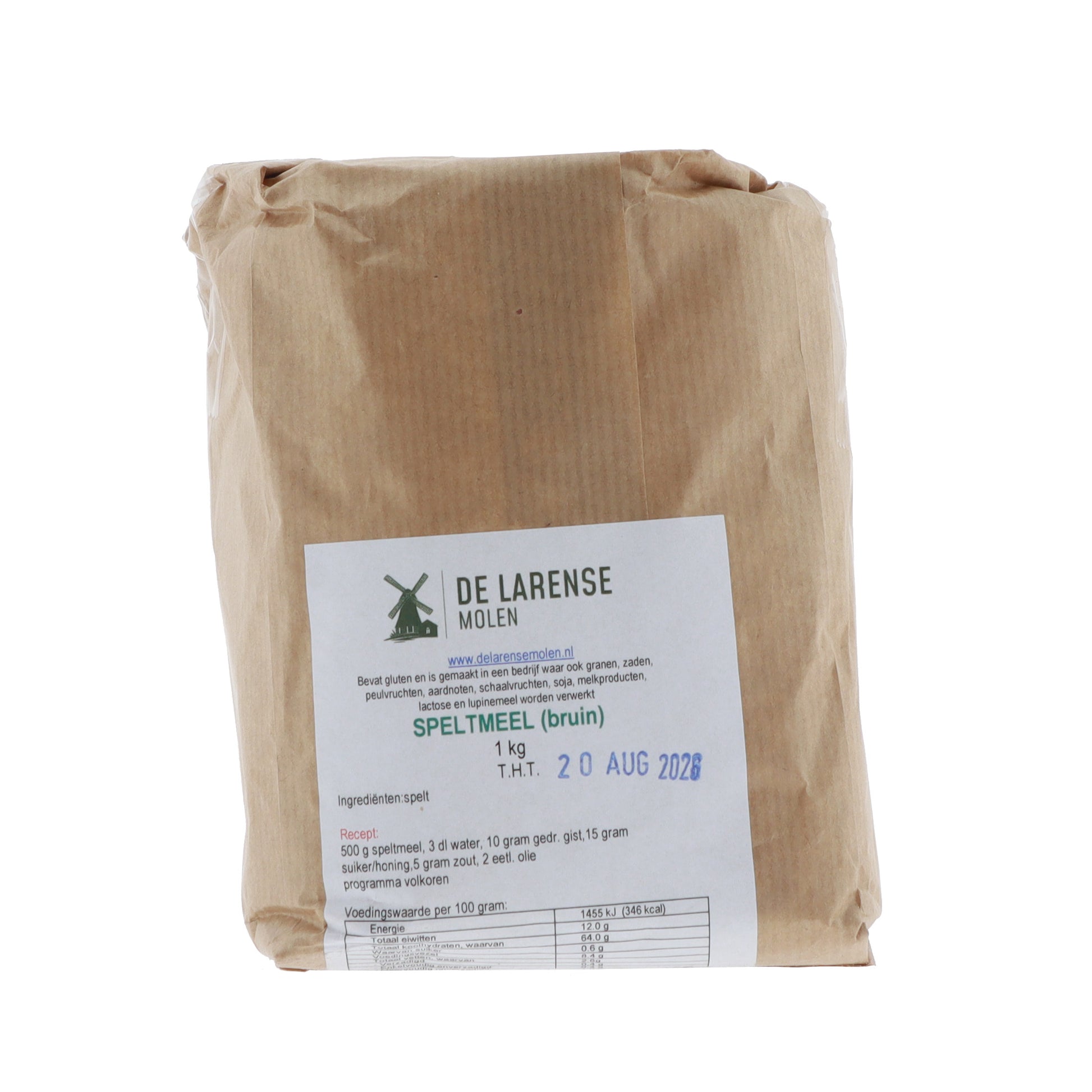 De Larense Molen Speltmeel bruin 1kg, vooraanzicht verpakking