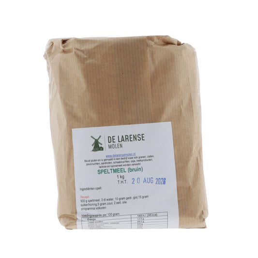 De Larense Molen Speltmeel bruin 1kg, vooraanzicht verpakking