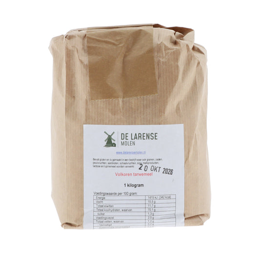 De Larense Molen Volkoren tarwemeel 1kg, vooraanzicht verpakking