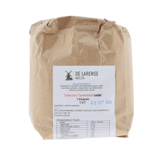 De Larense Molen Volkoren tarwemeel ceder 1kg, vooraanzicht verpakking