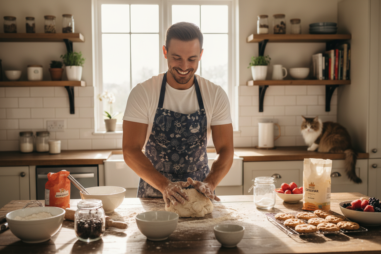 Man is aan het bakken in de keuken