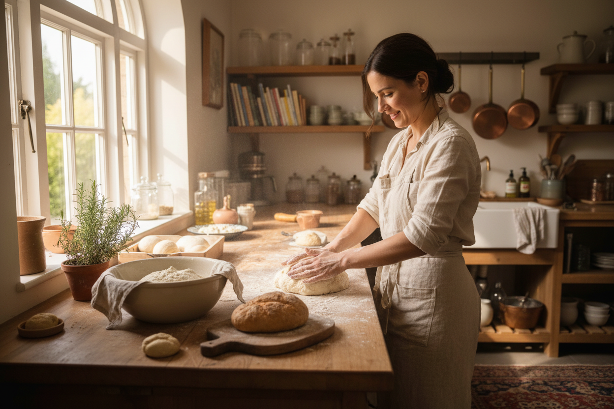 vrouw staat brood te maken in de keuken