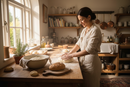 vrouw staat brood te maken in de keuken